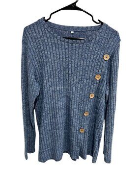 Womens Blue Ribbed Knit Long Sleeve Tunic Wooden Button Size Large Preppy Boho